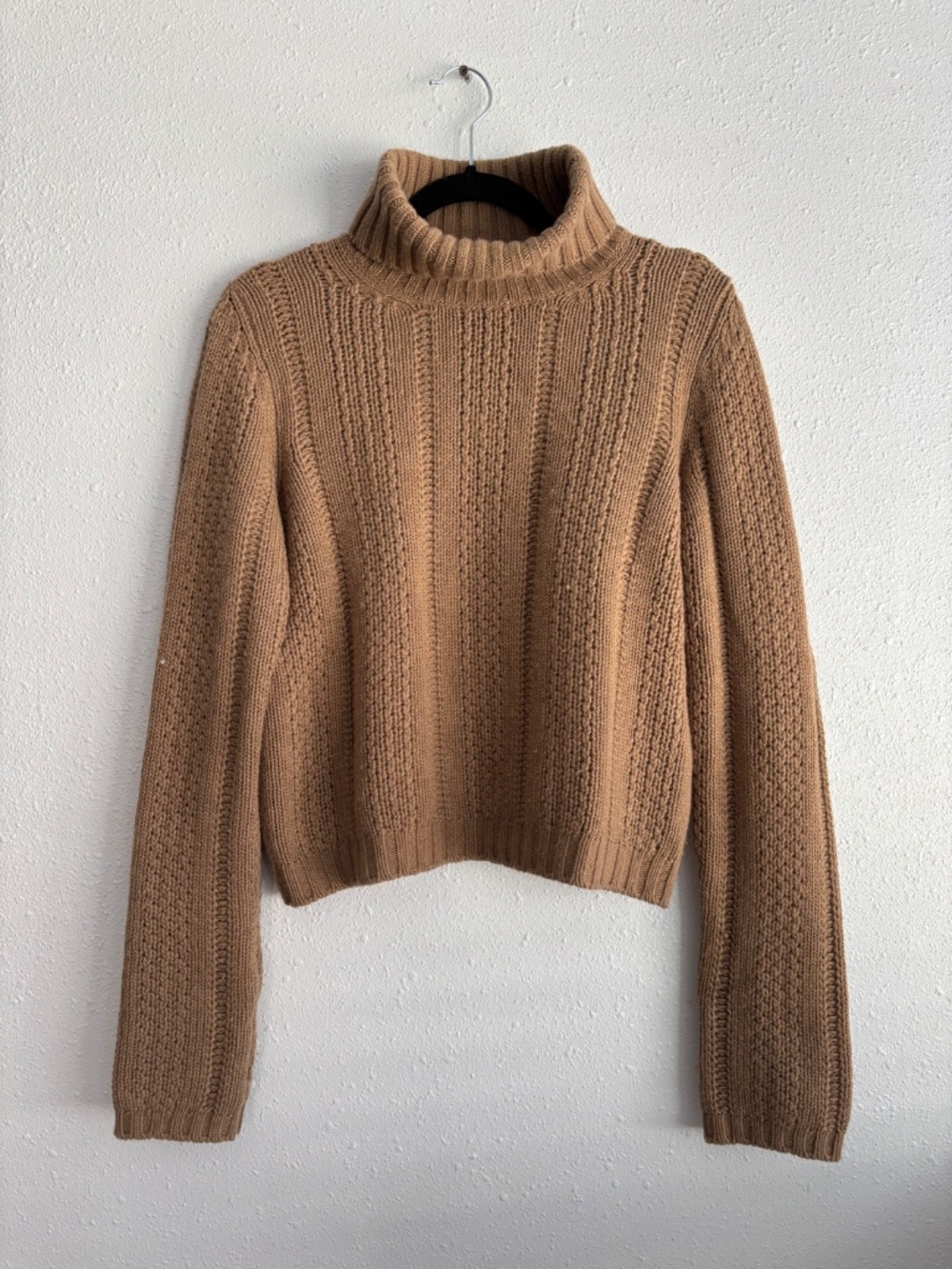 Prada Vintage Y2K Ribbed Knit Turtleneck Crop Sweater Wool Cashmere Tan 44